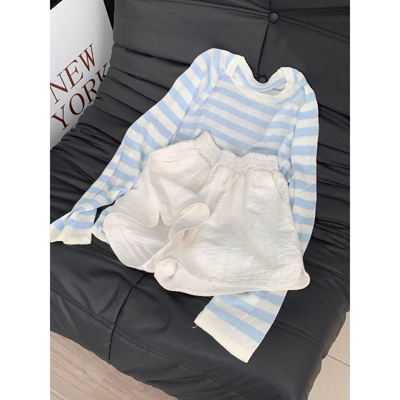 韩系慵懒风少女长袖睡衣女夏季外穿休闲条纹松弛感家居服大码套装