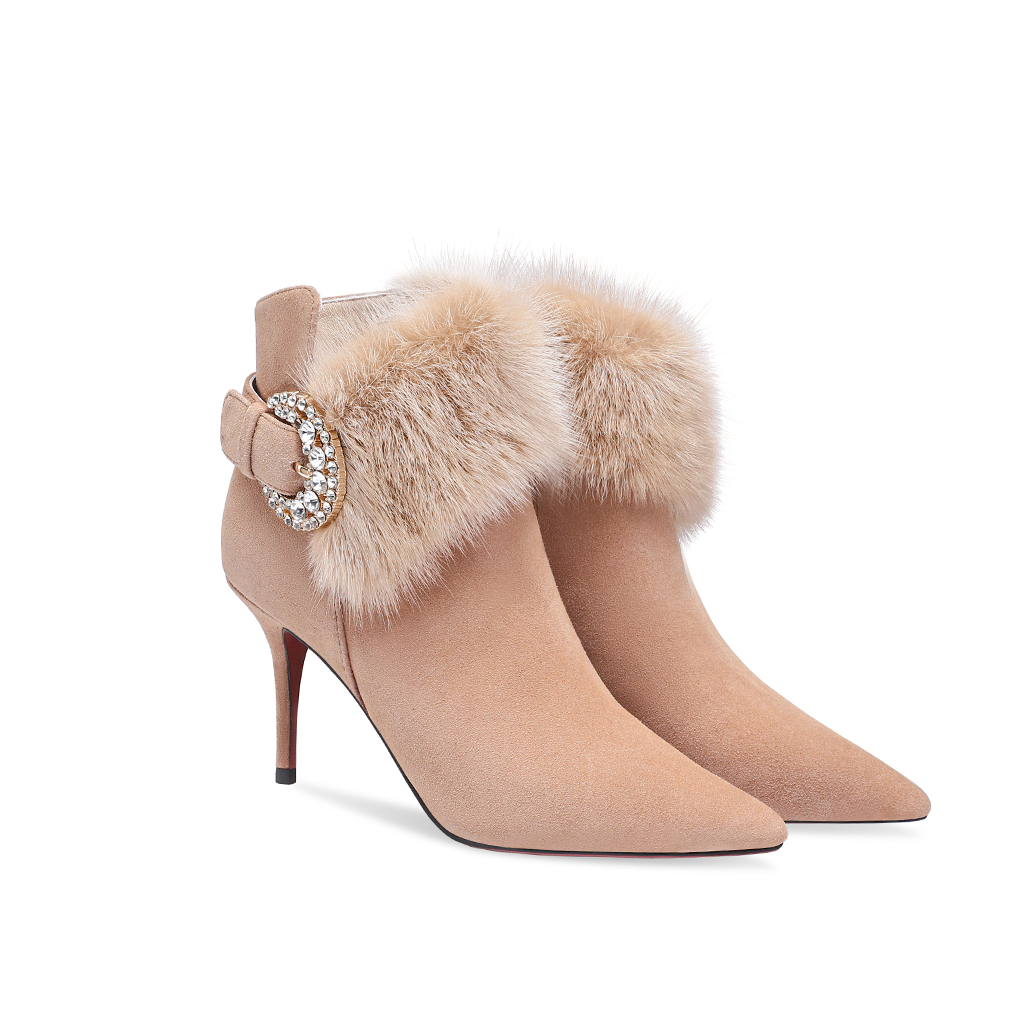 高档舒适百搭时尚气质7.5cm秋冬系列细跟高跟尖头短靴女绒面女靴