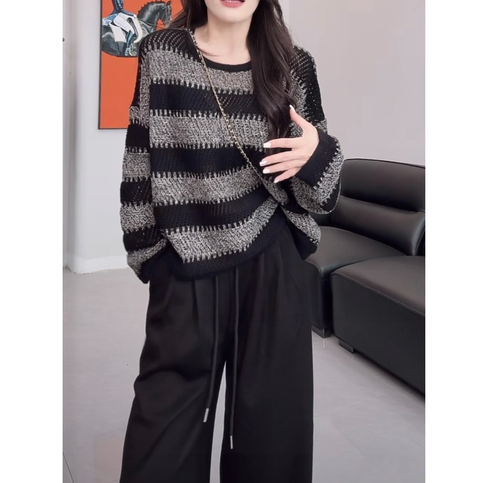 设计感撞色条纹圆领长袖毛衣女2025早秋新款落肩百搭休闲针织上衣