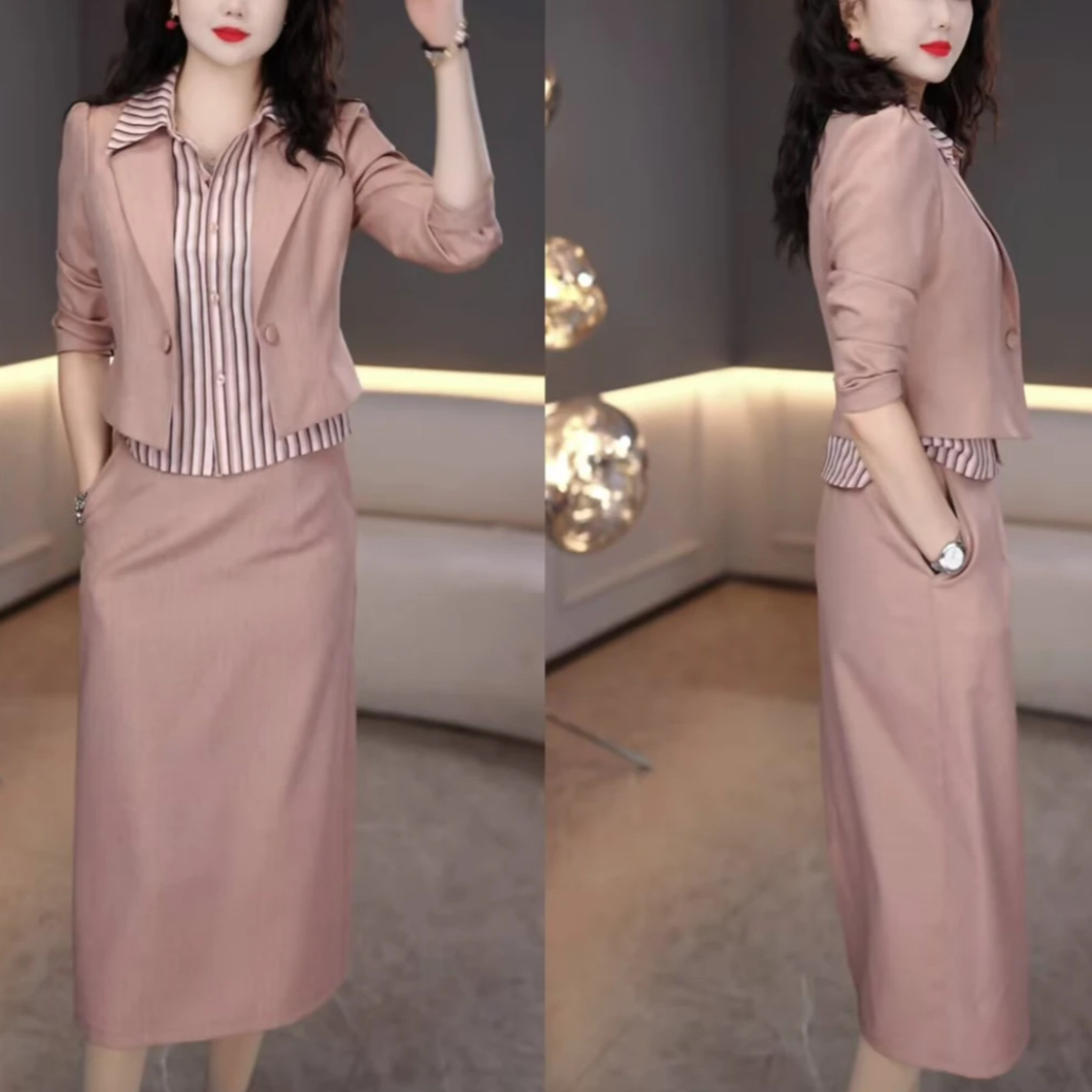 勇华玥上上衣+半身裙2025秋季时尚设计师粉色清新两件套连衣裙