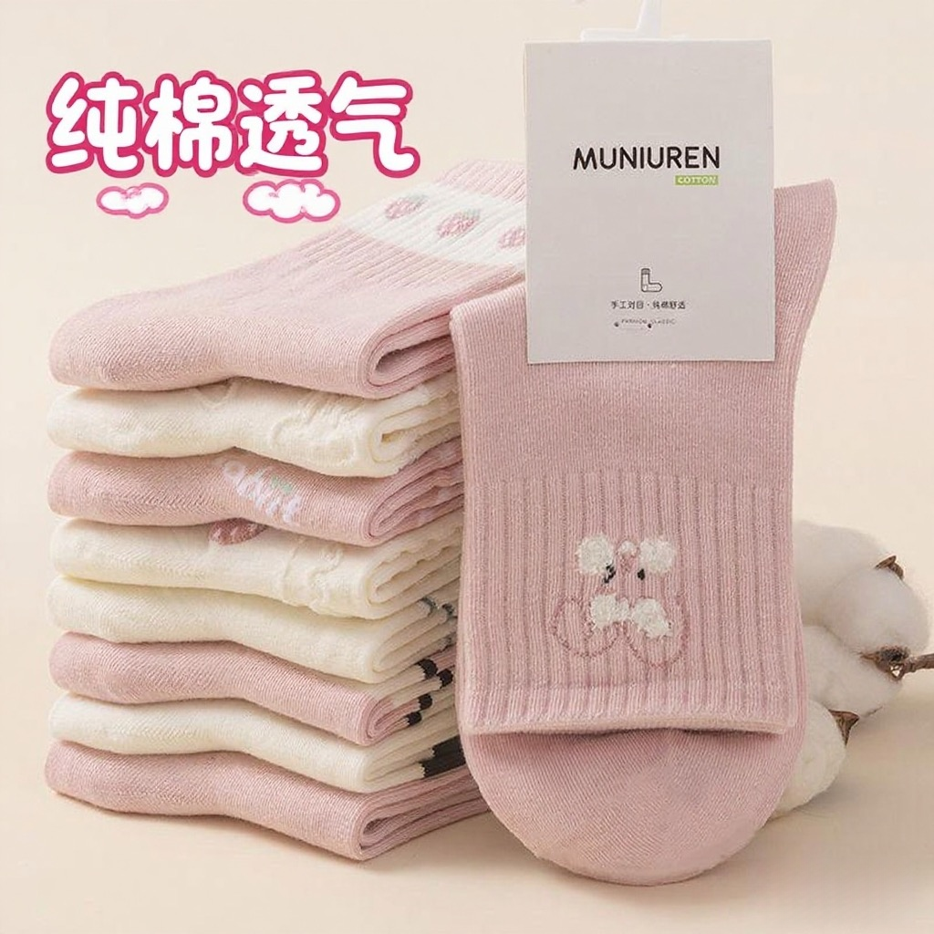 秋冬袜子女纯棉100%全棉防臭加厚保暖中筒袜吸汗透气粉色系长筒袜