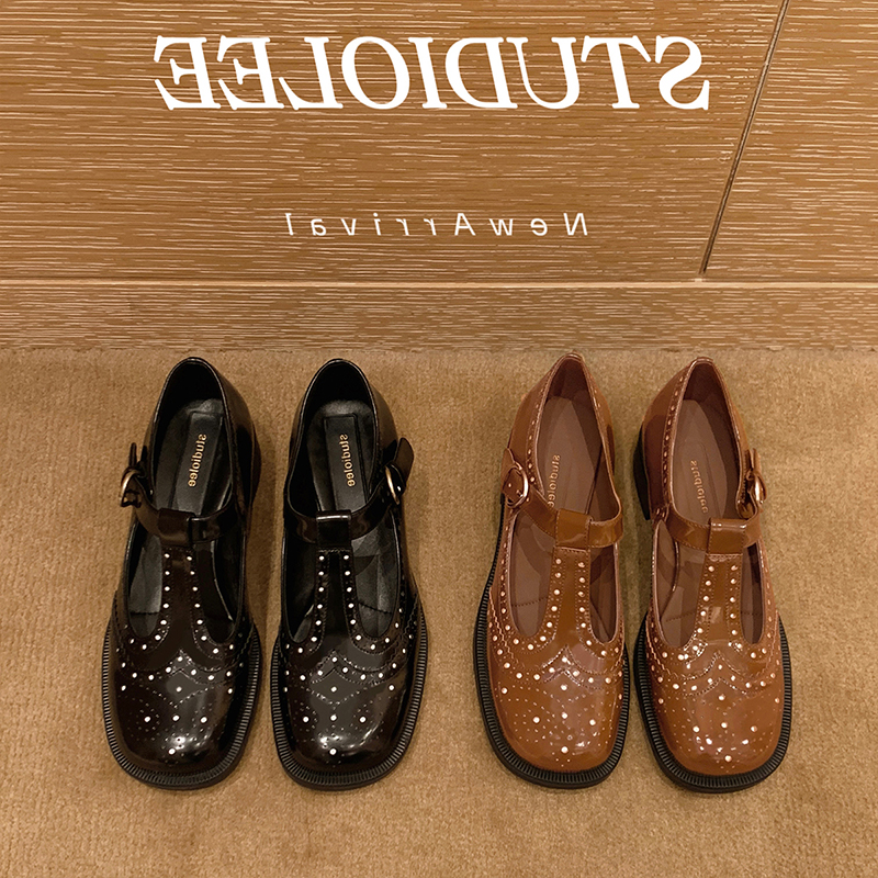 【牛皮版】复古时尚百搭英伦风真皮粗跟布洛克雕花T字带小皮鞋女