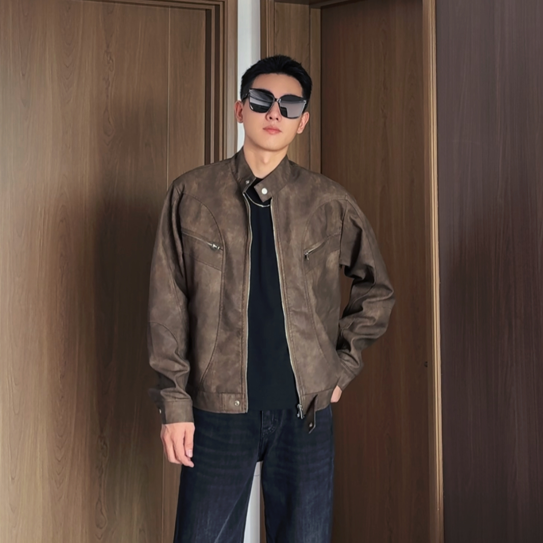 GY秋冬新款美式机车风短款PU皮立领夹克秋冬新款宽松百搭外套男