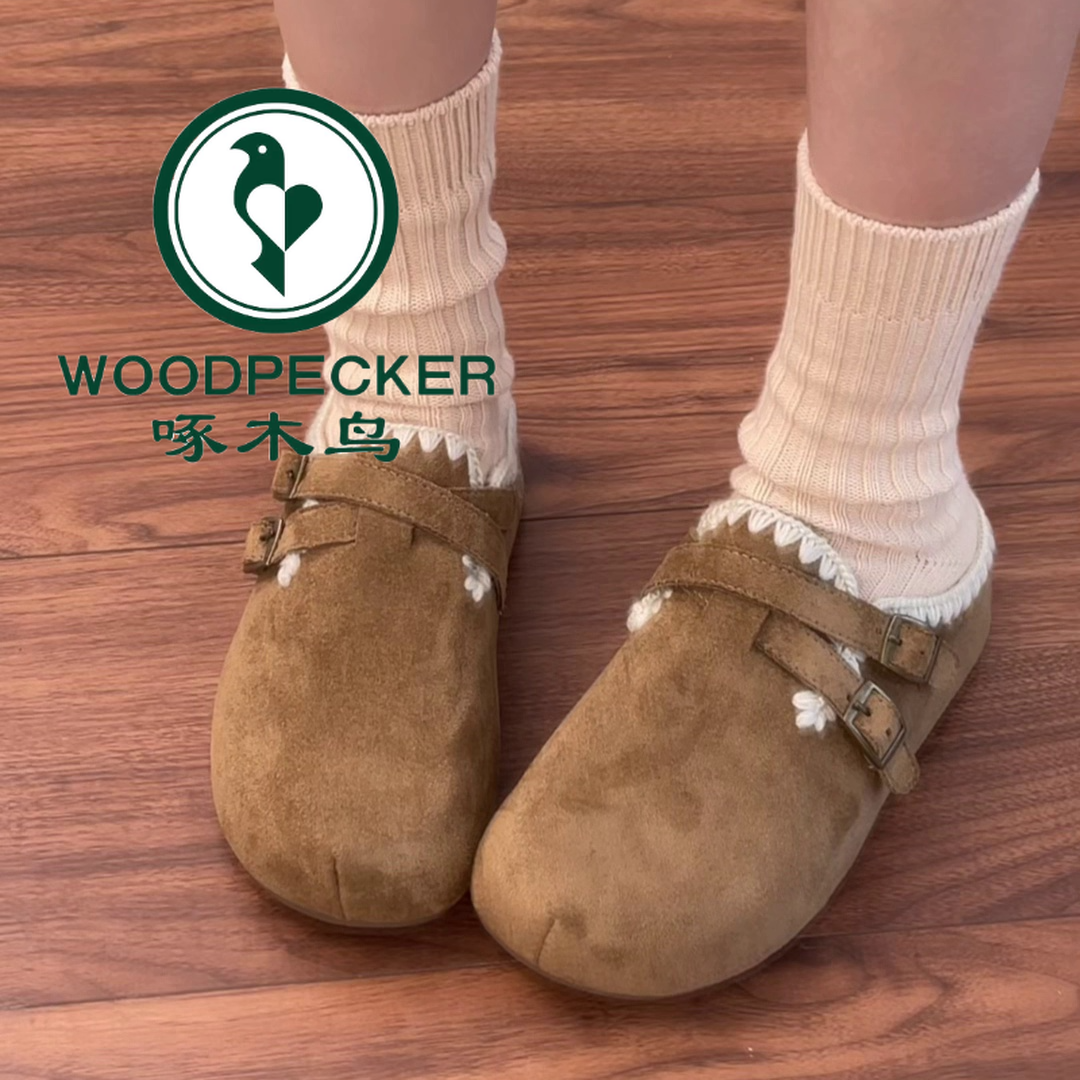 啄木鸟2025秋新款复古小众圆头厚底皮带扣一脚蹬懒人包头勃肯鞋女