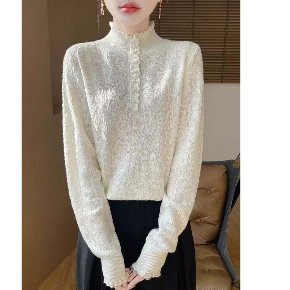不起球~重磅品质法式花边半开领针织打底衫半高领内搭保暖毛衫