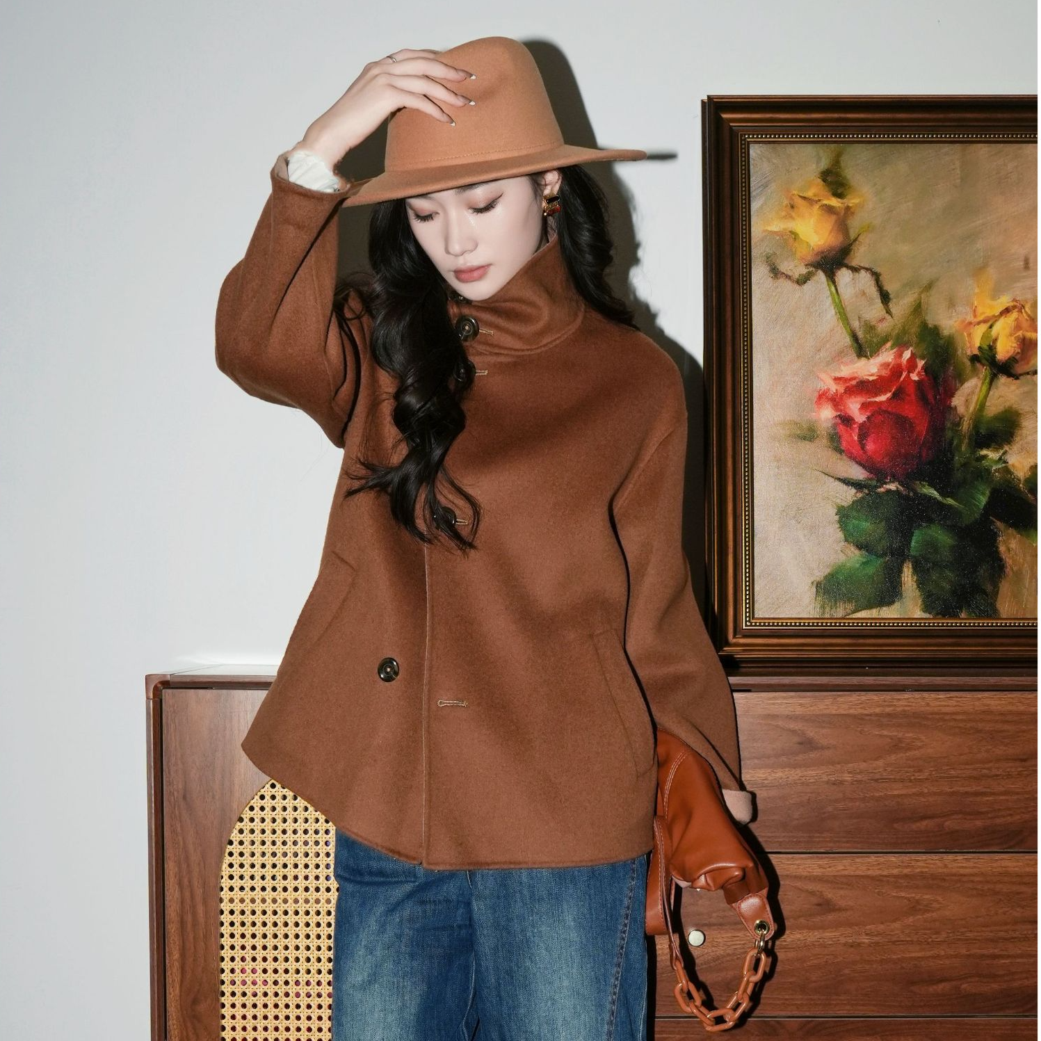 GIRDEAR/哥弟新款英伦风侧扣双面呢立领宽松厚款大衣外套140036