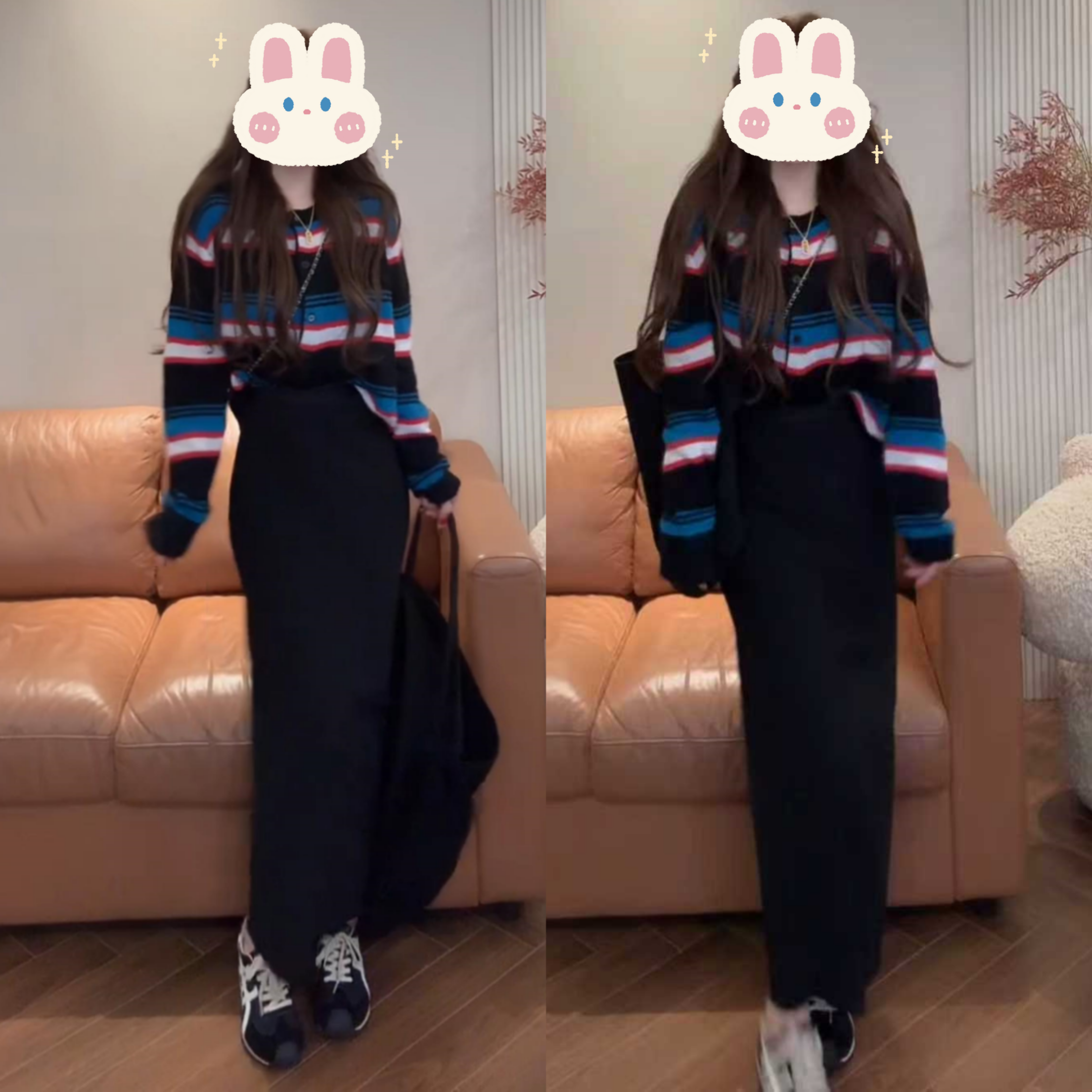 复古条纹针织开衫显瘦上衣+高腰双面穿后开又中长半身裙BB50346