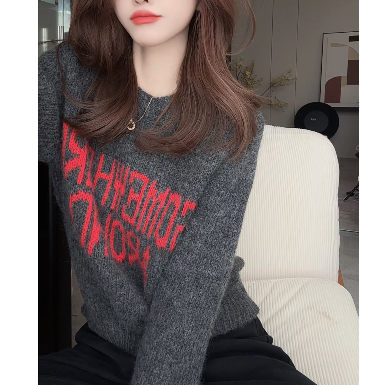 2026韩系新款秋冬洋气拼色字母毛衣气质显瘦提花针织衫上衣H5-34
