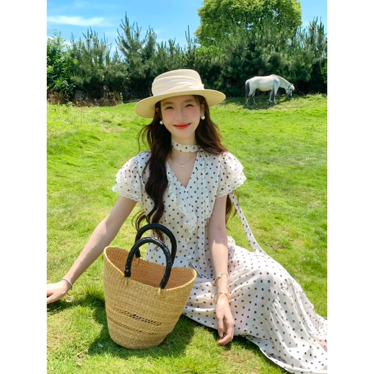 MARIE.COCO法式泡泡袖V领波点小飞袖衬衫上衣宽松气质半身裙套装