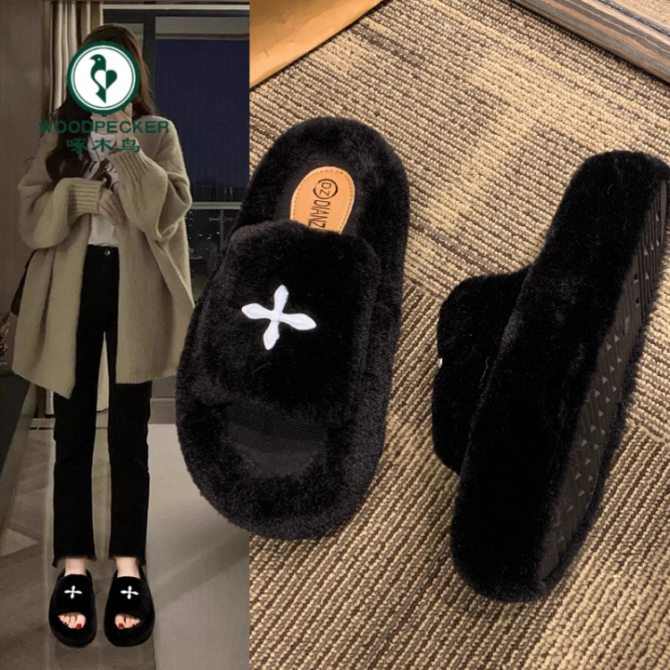 啄木鸟小香风毛毛拖鞋女 ins潮2025秋春厚底增高一字棉拖时尚百搭