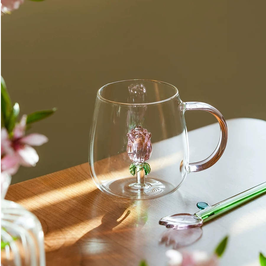 立体玫瑰花高颜值可爱高硼硅玻璃杯带把水杯咖啡杯办公室家用耐热