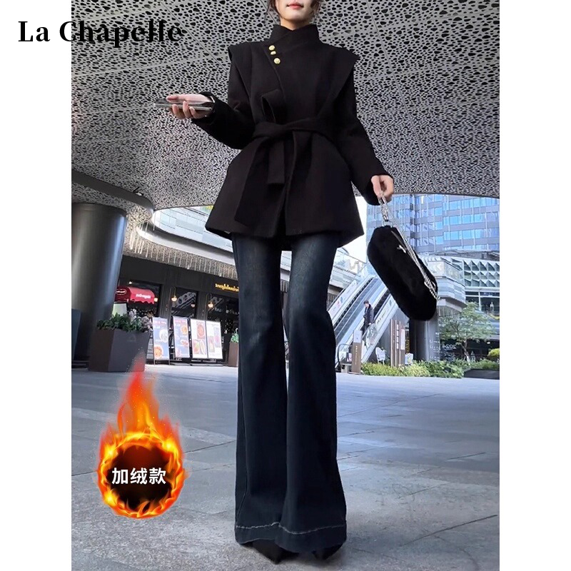 拉夏贝尔美式加绒微喇牛仔裤女秋冬季2025新款修身显瘦加长喇叭裤