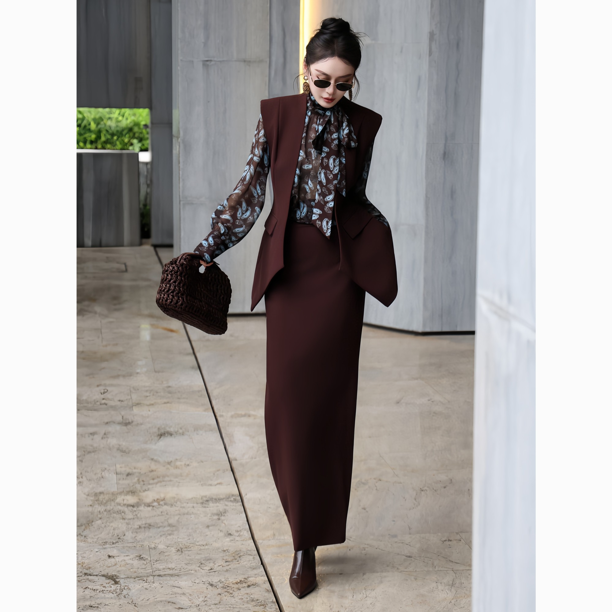 ZEROYK秋季新款腰果花衬衫马甲半裙三件套