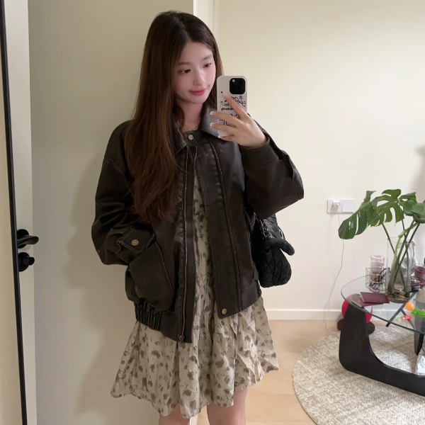 2025秋季新款小个子盐系复古皮衣外套搭配碎花裙减龄显瘦两件套女