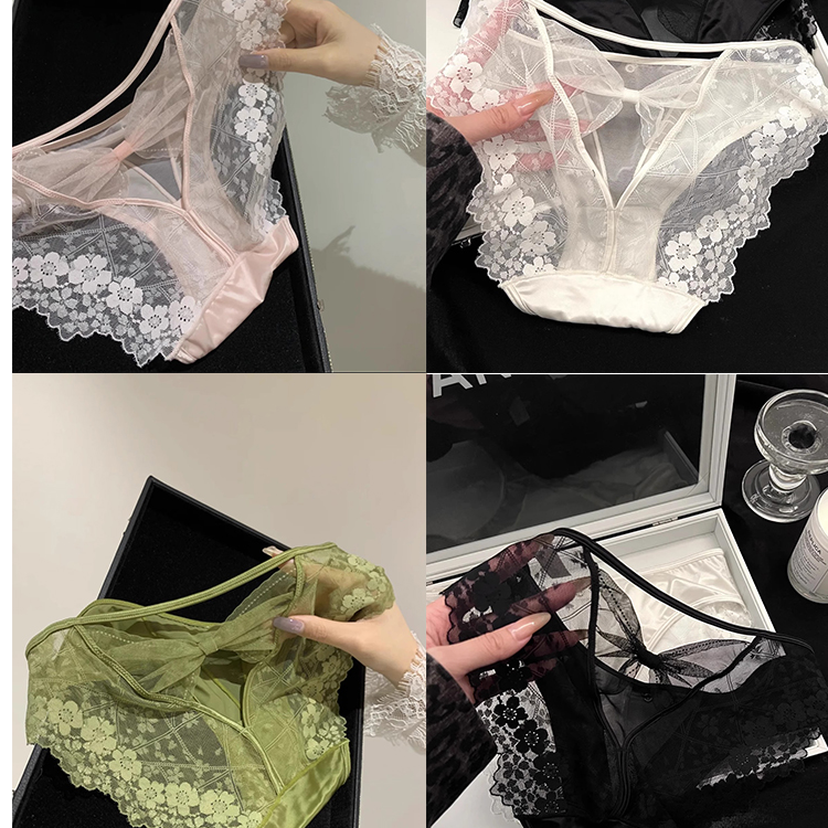 2025新款法式蕾丝内裤女款低腰性感镂空蝴蝶结纯欲网纱薄款三角裤