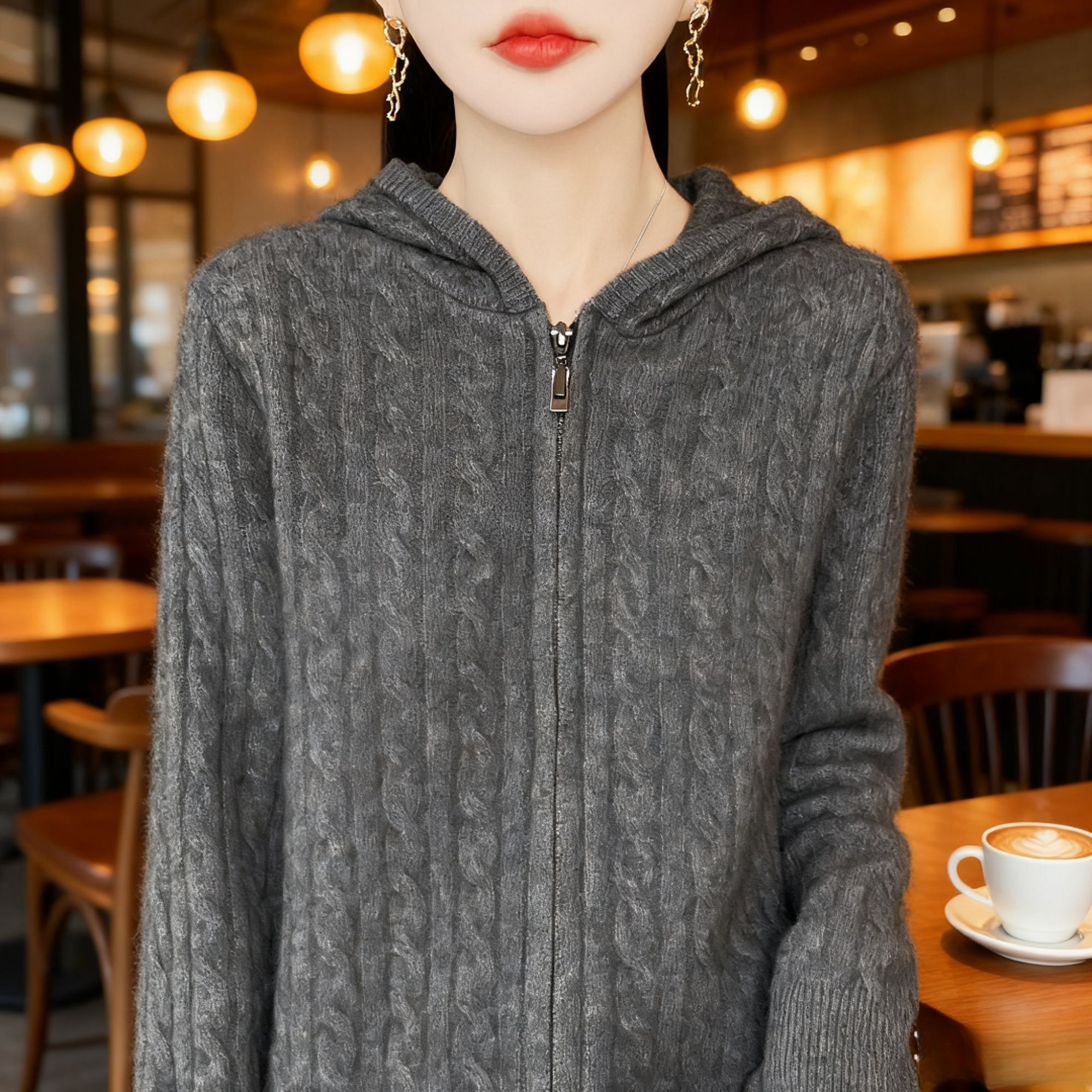 专柜正品秋冬连帽麻花开衫女拉链宽松毛衣外套加厚羊毛针织外搭