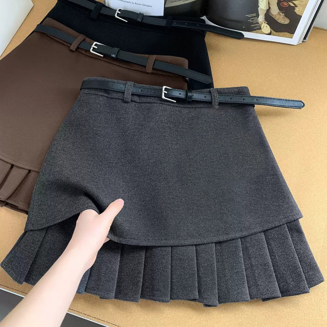 【送腰带】灰色百褶包臀毛呢短裙冬季新款高品质百搭显瘦气质半身裙