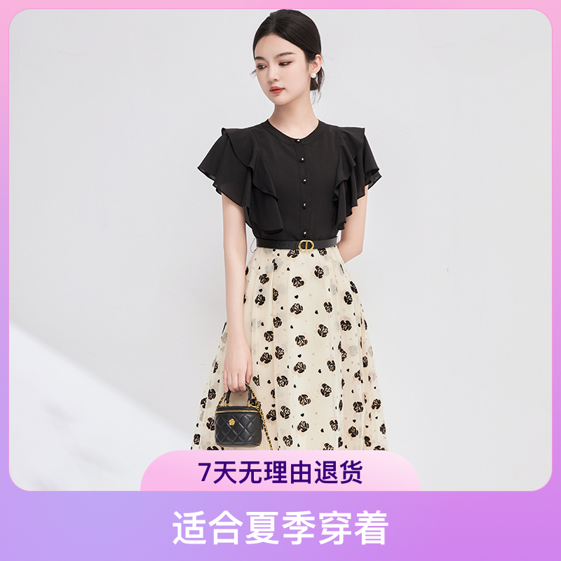 2413502-深圳南油高品质拼接山茶花网纱气质优雅连衣裙子显瘦修身