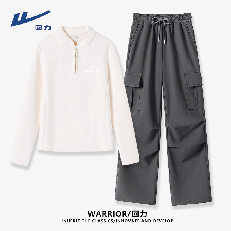 Warrior/回力抓绒卫衣薄绒工装裤女2025新款冬季加绒休闲运动套装