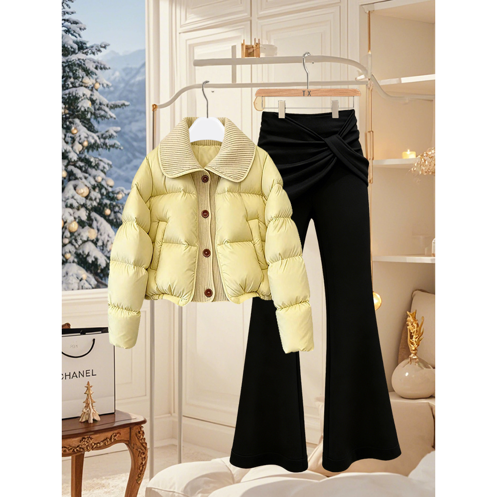 2025独特超好看气质冬季新款两件套装保暖棉服洋气微喇裤女装爆款