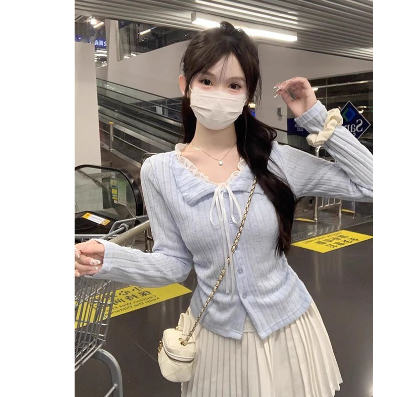 纯欲风蓝色蕾丝假两件长袖T恤女秋季内搭修身miu系打底衫短款上衣