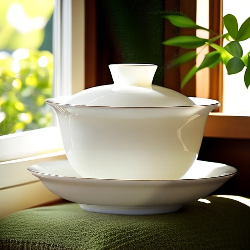 大号盖碗200-300毫升羊脂玉瓷大容量盖碗高档描金手工简约防烫手