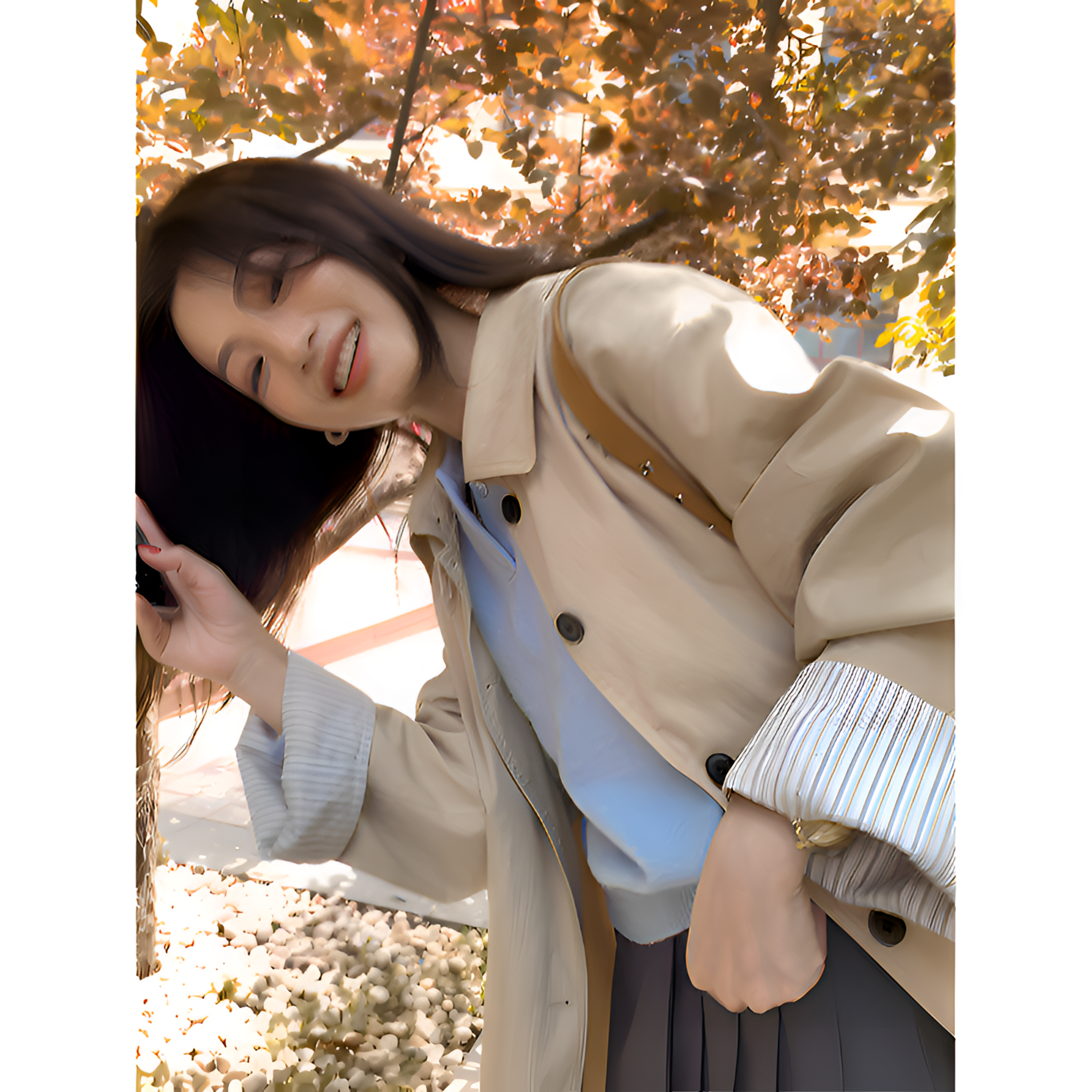 2025秋新款小个子韩系拼接条纹袖廓形风衣外套女中长款卡其色上衣