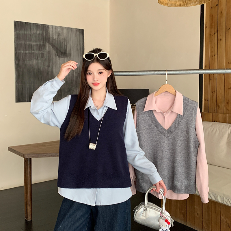 秋装新款大码女时尚减龄马甲衬衣两件套72080毛织背心+23208衬衣