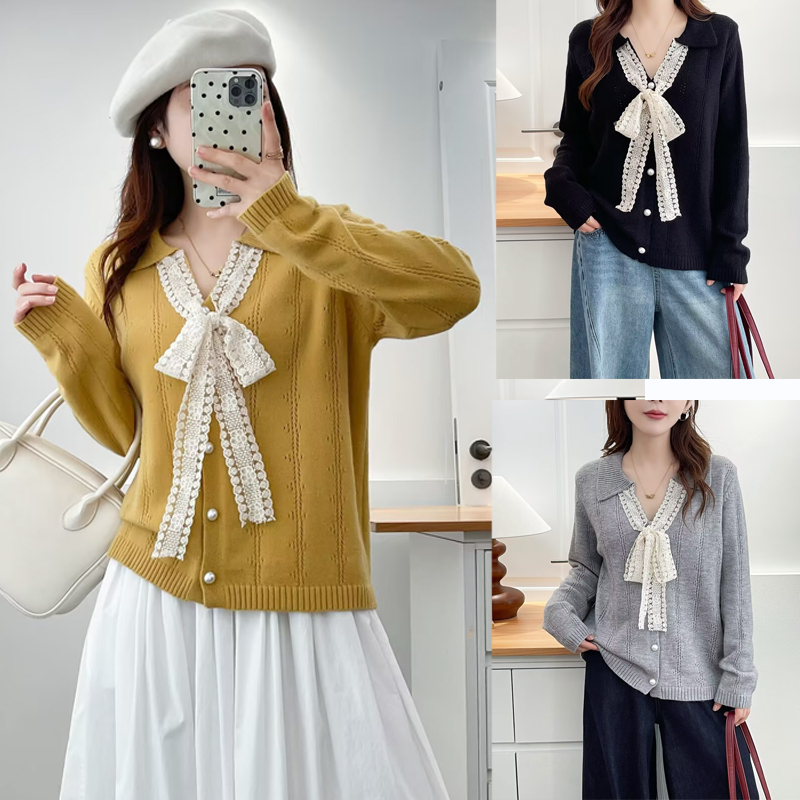 大码女装秋季新款蝴蝶结毛针织衫开衫洋气翻领减龄长袖毛衣5134