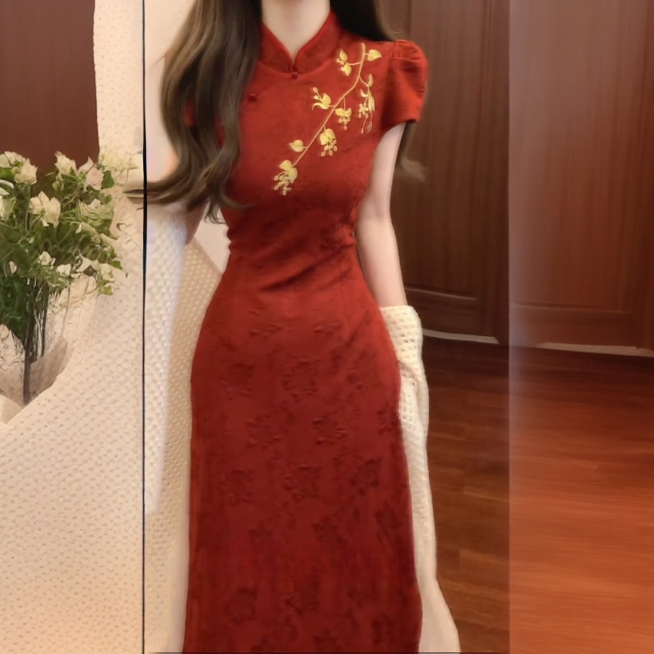 【华悦】高档订婚新中式刺绣新娘红色连衣裙旗袍2026夏季短袖假两件