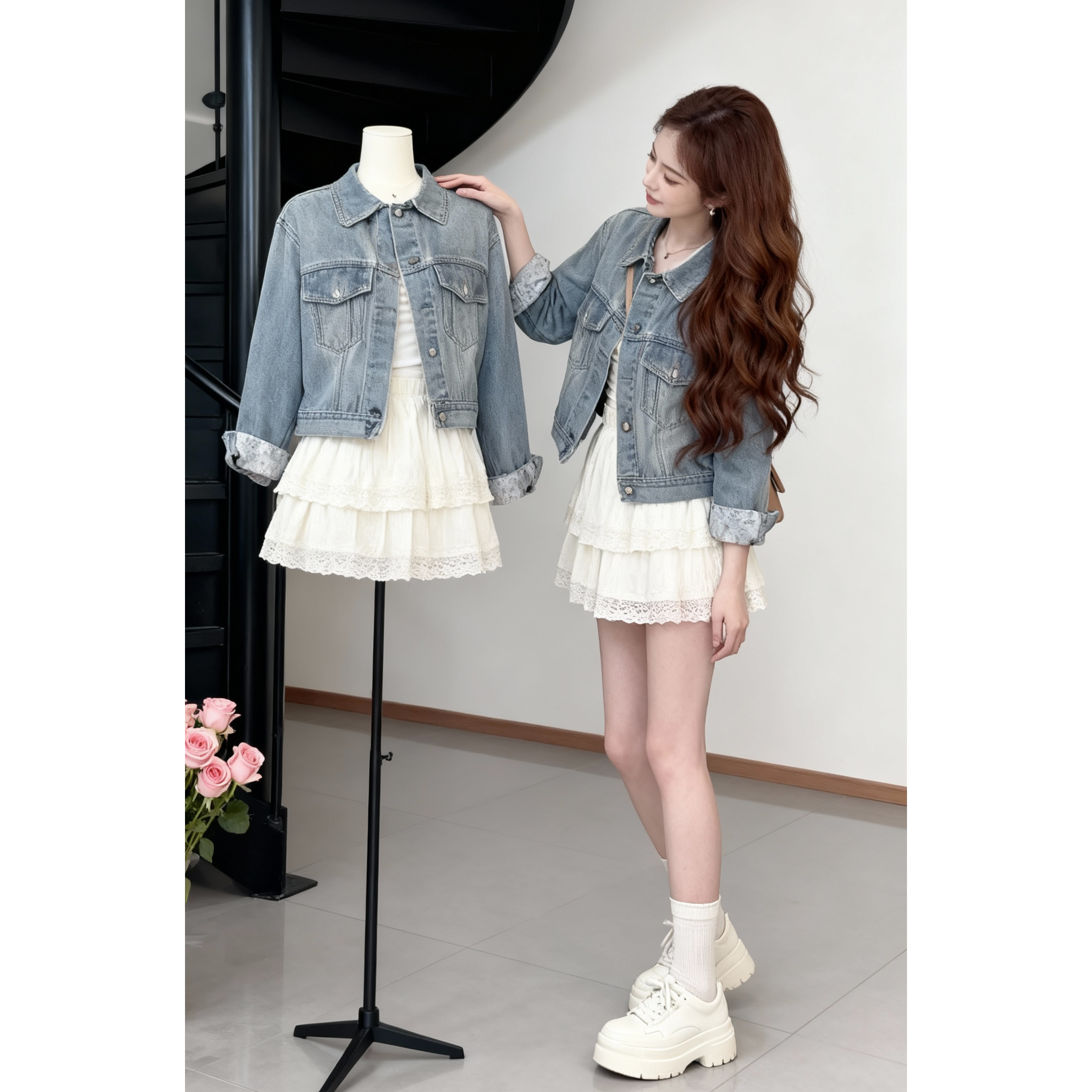 早春时尚一整套女装2025新款韩版设计感牛仔外套高腰短裙两件套潮