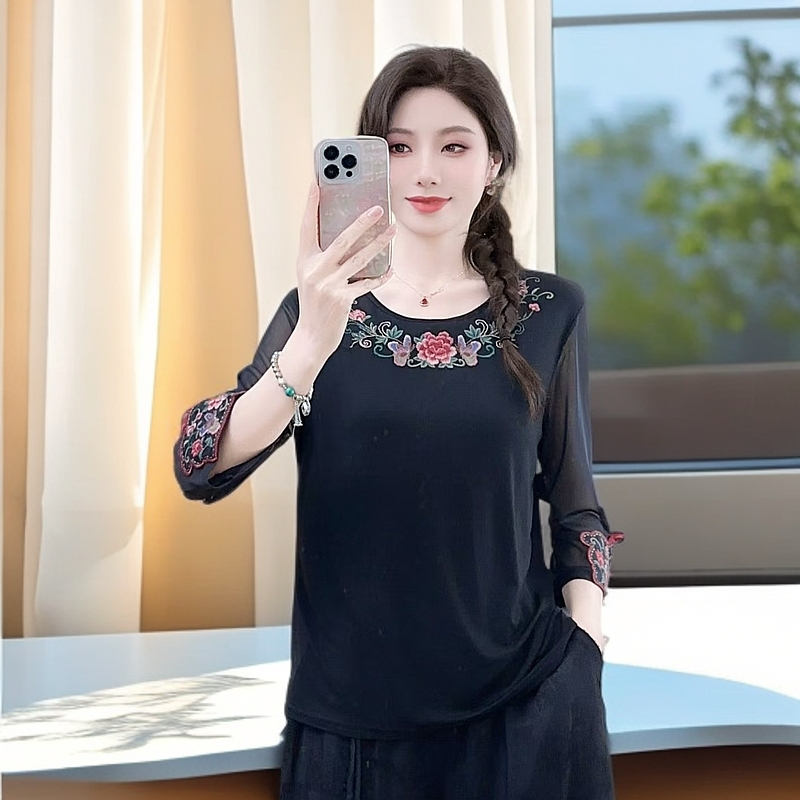 豪雅2025夏季新款女士重工刺绣网纱袖打底衫复古时尚民族风中国风