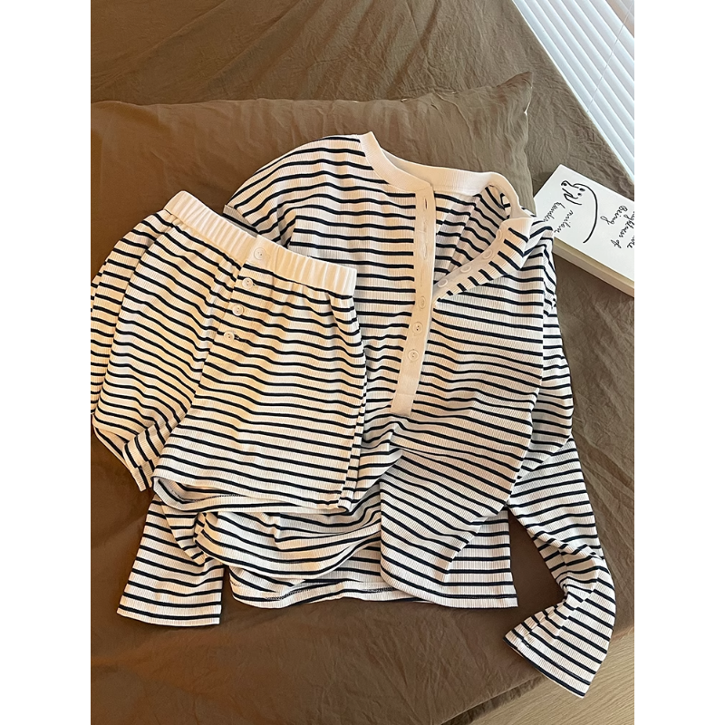 【条纹控】黑白撞色简约风撞色舒适睡衣女春夏长袖短裤套装家居服