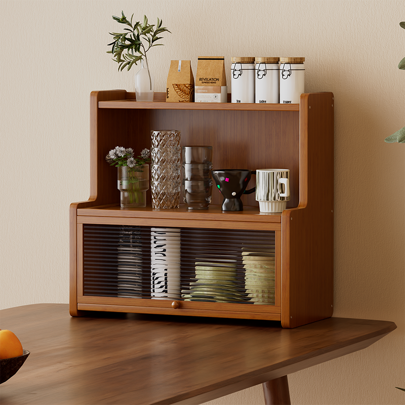 桌面置物架翻门收纳柜实木展示柜子厨房调料罐餐具碗碟杯子储物柜
