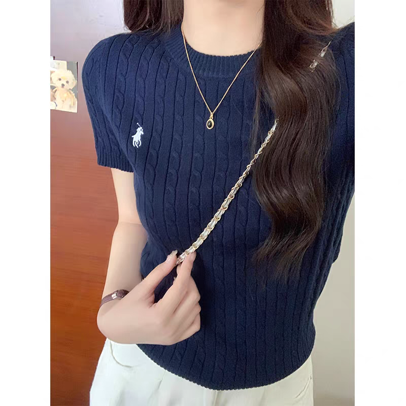 短袖薄款洋气夏季女毛衣上衣圆领修身毛针织衫女装显瘦短款时尚