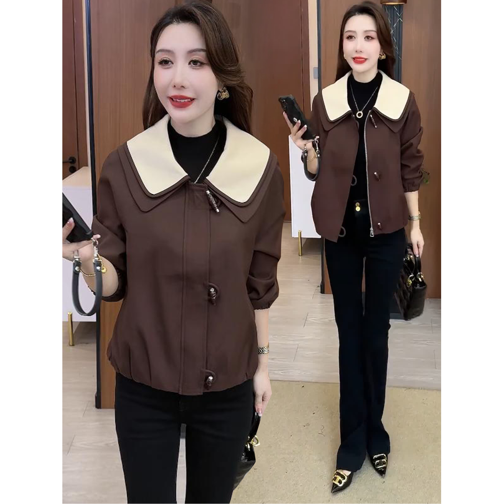 时尚洋气翻领短款外套女春秋新款2025小个子休闲宽松夹克开衫上衣