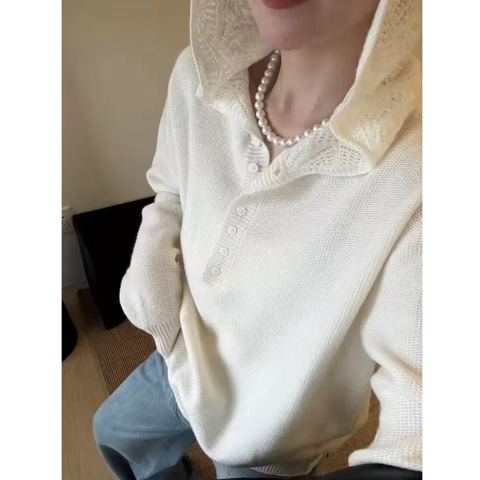 勾花帽衫~柔软亲肤肌理感半开领宽松气质连帽针织衫1315-3