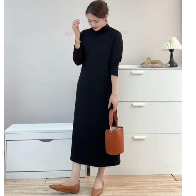 【加绒加厚】秋冬极简风连衣裙百搭宽松中长款长袖半高领打底小黑裙