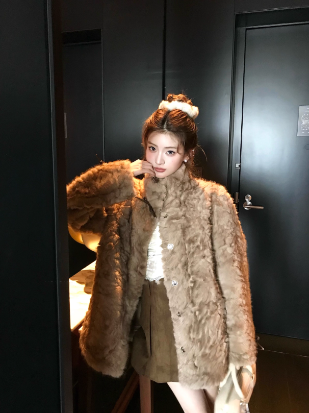 小熊心事 立领染尖皮毛一体女冬慵懒休闲蝴蝶结环保毛毛绒外套