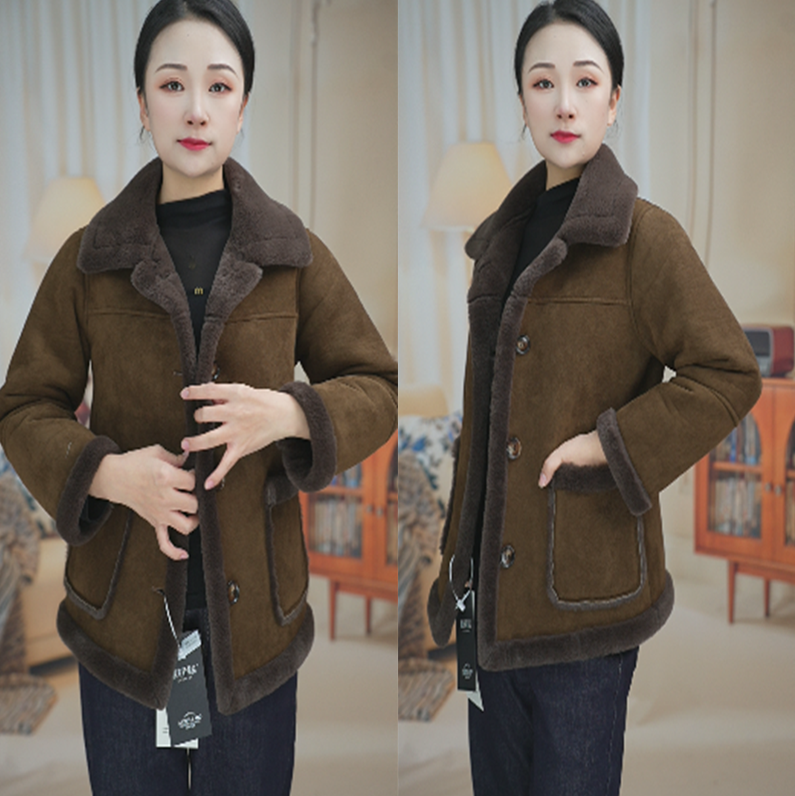 保暖短外套冬季韩版加绒女绒毛一体韩版翻领上衣