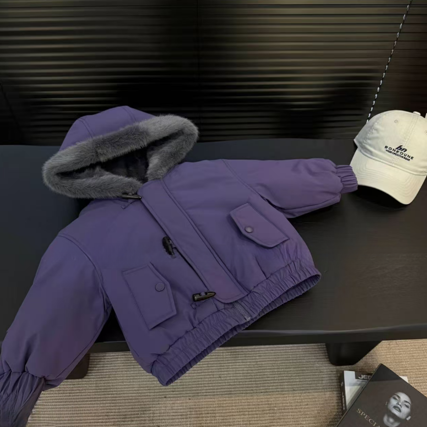 【紫定暴富】男女童冬季加厚棉服韩版连帽加毛外套儿童休闲加绒棉衣