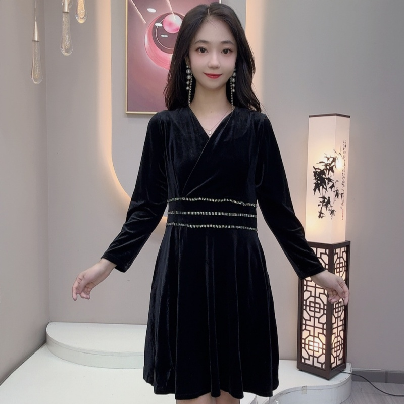 合集单条连衣裙长袖新中式显瘦秋连衣裙套头收腰盘扣流苏黑色111