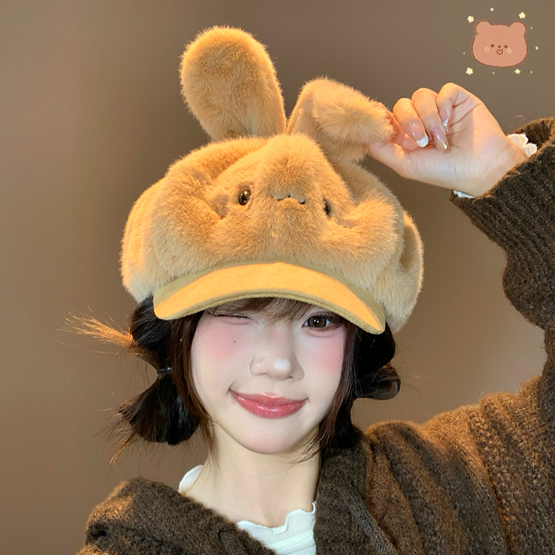 日系可爱卡通兔子耳朵毛绒八角帽子女秋冬保暖显脸小贝雷帽画家帽