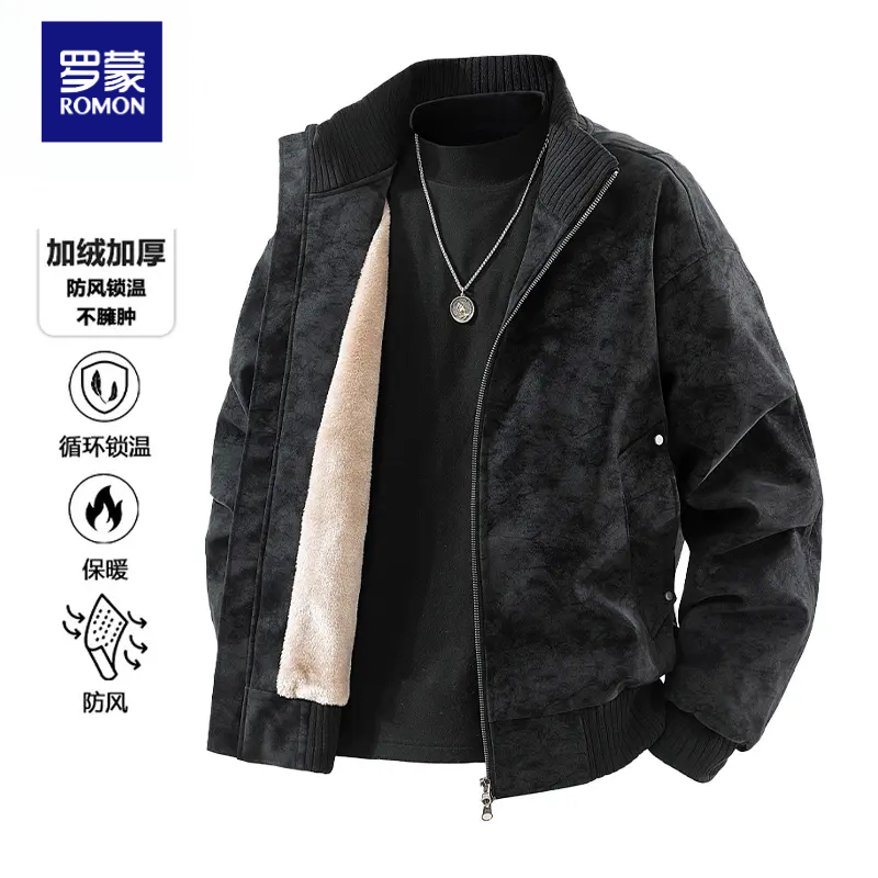 罗蒙美式复古加绒加厚皮夹克秋冬宽松休闲外套高级感大码男装上衣