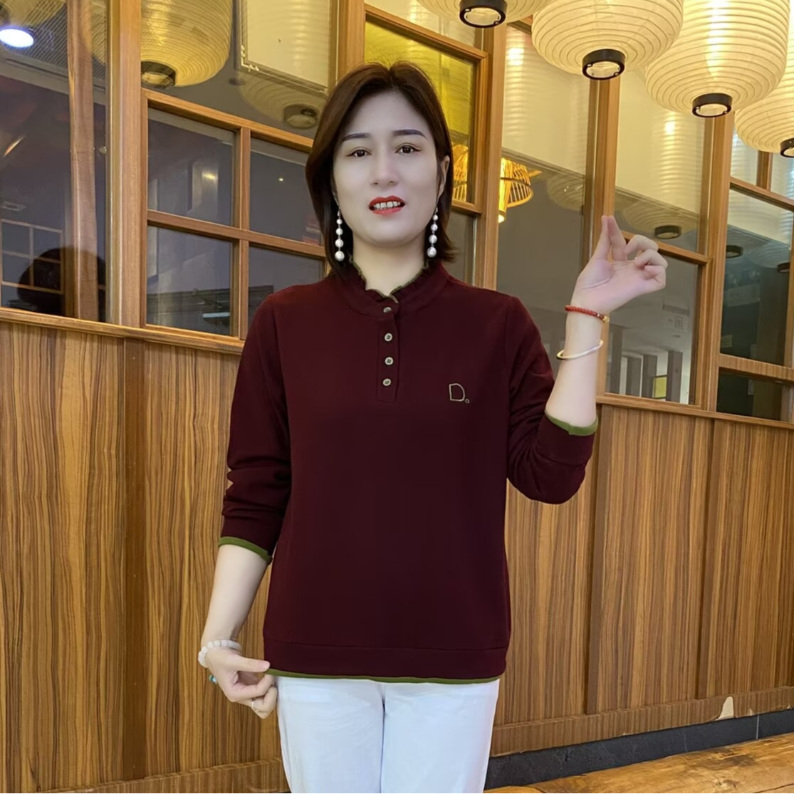 秋冬时尚双面绒宽松显瘦花边领纽扣长袖刺绣休闲打底衫