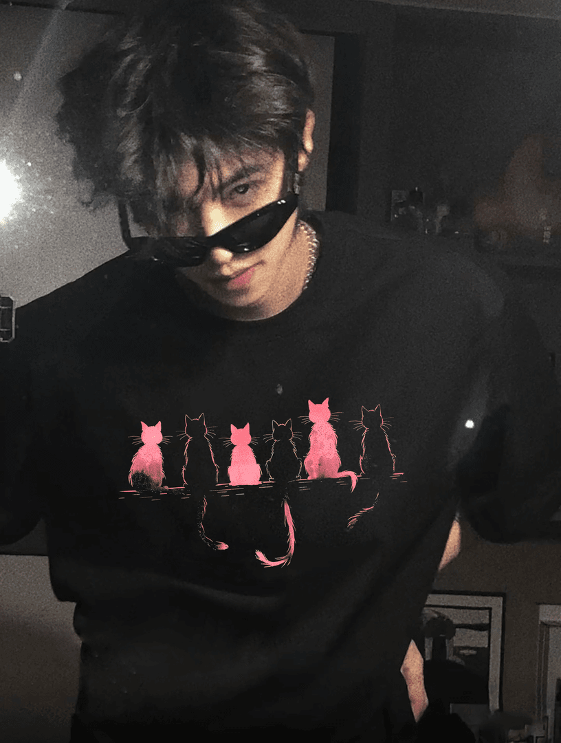 夏季潮牌重磅纯棉卡通夕阳猫印花情侣装休闲宽松短袖T恤男女同款