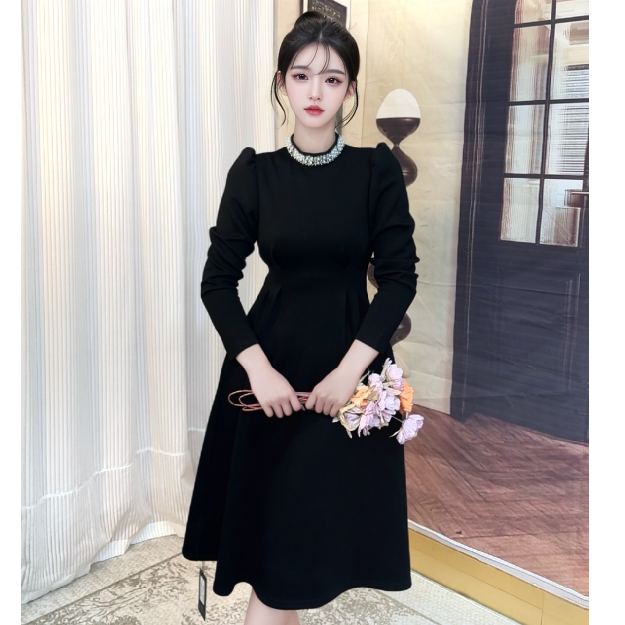 H2025春季新款黑色赫本风长款连衣裙显瘦收腰百搭冬季气质小黑裙