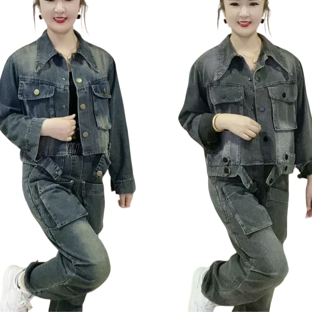 8013新款牛仔套装上衣+裤子气质气质时尚时尚显瘦显瘦翻领