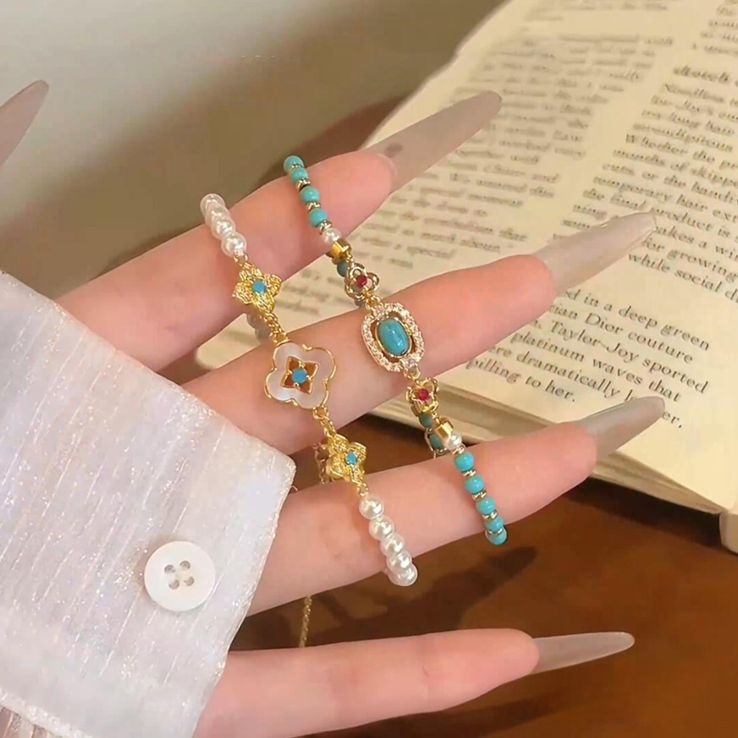 合金手链 新中式微镶四叶花珍珠手链国风高级感显白气质高颜值