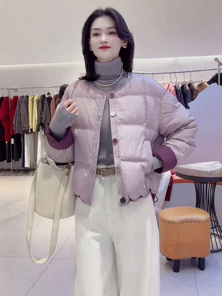 彩扣短款圆领白鸭绒羽绒服女2025冬季新款小个子休闲显瘦保暖外套